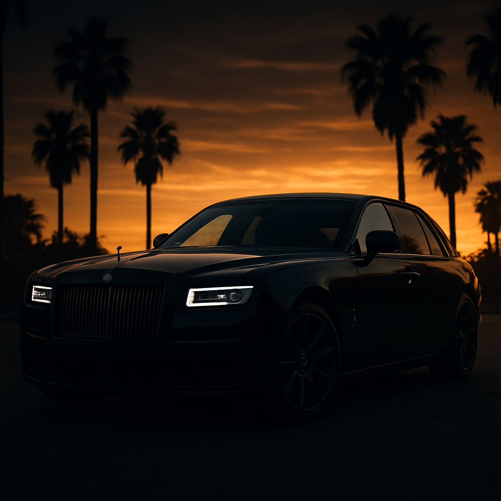 Black luxury sedan at sunset