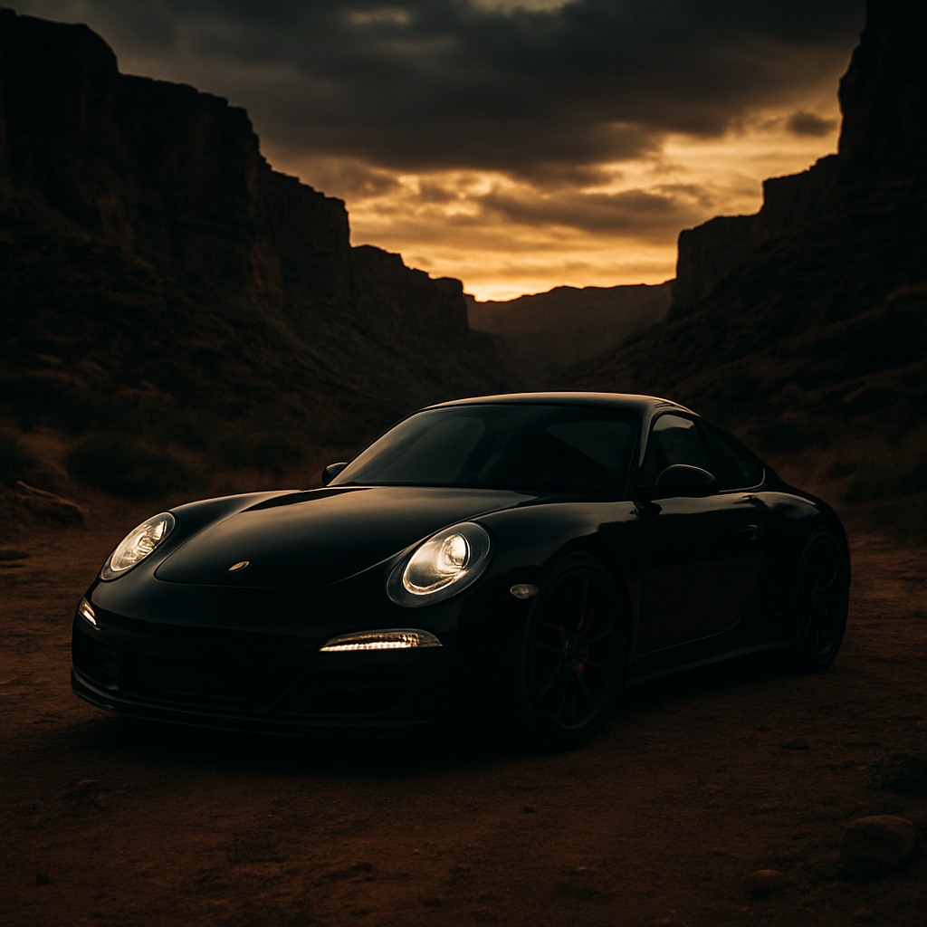 Black sports car in a desert canyon