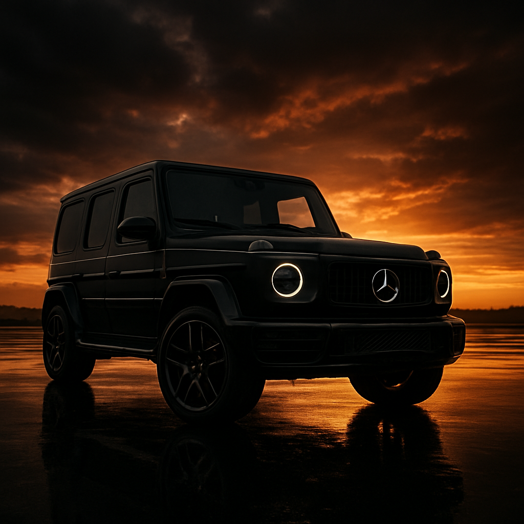 Black luxury SUV on wet ground at sunset